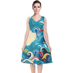 Waves Ocean Sea Abstract Whimsical Abstract Art 5 V-neck Midi Sleeveless Dress  by Wegoenart