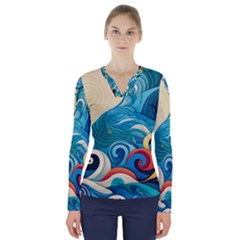 Waves Ocean Sea Abstract Whimsical Abstract Art 5 V-neck Long Sleeve Top by Wegoenart