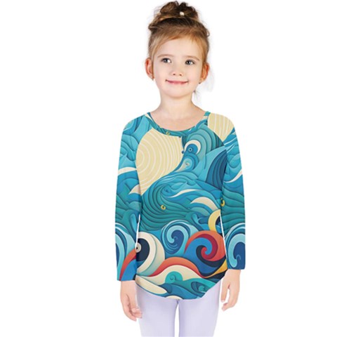 Waves Ocean Sea Abstract Whimsical Abstract Art 5 Kids  Long Sleeve Tee by Wegoenart