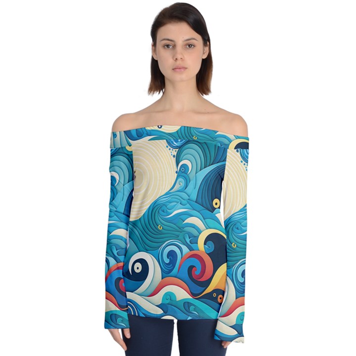 Waves Ocean Sea Abstract Whimsical Abstract Art 5 Off Shoulder Long Sleeve Top