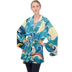 Waves Ocean Sea Abstract Whimsical Abstract Art 5 Long Sleeve Velvet Kimono  by Wegoenart