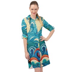 Waves Ocean Sea Abstract Whimsical Abstract Art 5 Long Sleeve Mini Shirt Dress by Wegoenart