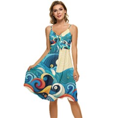 Waves Ocean Sea Abstract Whimsical Abstract Art 5 Sleeveless Tie Front Chiffon Dress by Wegoenart