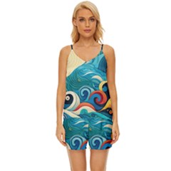 Waves Ocean Sea Abstract Whimsical Abstract Art 5 V-neck Satin Pajamas Set by Wegoenart