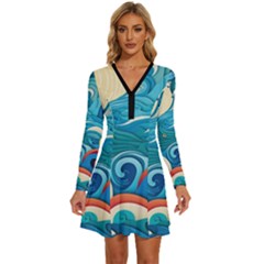 Waves Ocean Sea Abstract Whimsical Abstract Art 5 Long Sleeve Deep V Mini Dress  by Wegoenart