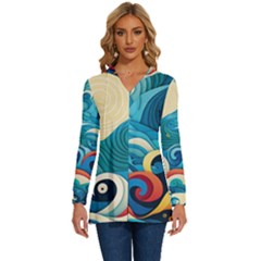 Waves Ocean Sea Abstract Whimsical Abstract Art 5 Long Sleeve Drawstring Hooded Top by Wegoenart