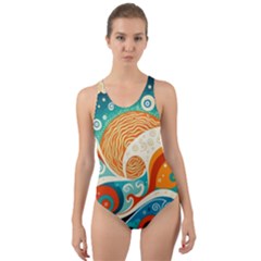 Waves Ocean Sea Abstract Whimsical Abstract Art 4 Cut-out Back One Piece Swimsuit by Wegoenart