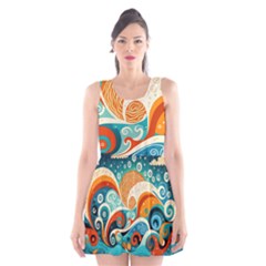 Waves Ocean Sea Abstract Whimsical Abstract Art 4 Scoop Neck Skater Dress by Wegoenart