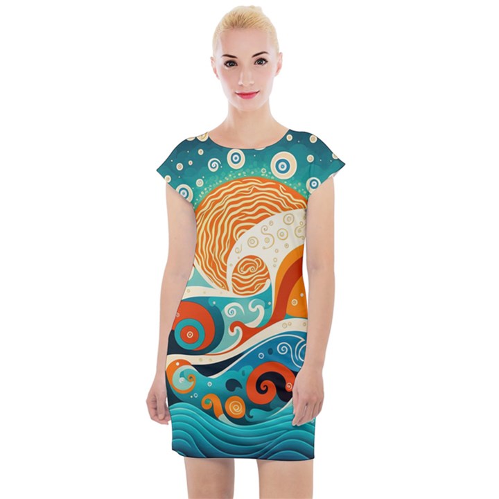 Waves Ocean Sea Abstract Whimsical Abstract Art 4 Cap Sleeve Bodycon Dress