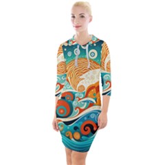 Waves Ocean Sea Abstract Whimsical Abstract Art 4 Quarter Sleeve Hood Bodycon Dress by Wegoenart