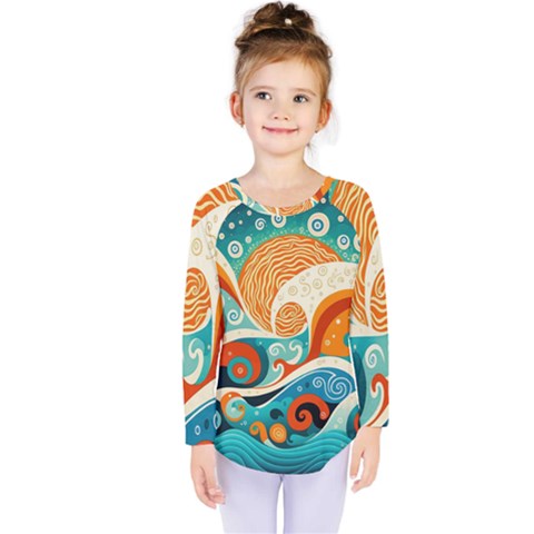 Waves Ocean Sea Abstract Whimsical Abstract Art 4 Kids  Long Sleeve Tee by Wegoenart