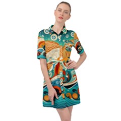 Waves Ocean Sea Abstract Whimsical Abstract Art 4 Belted Shirt Dress by Wegoenart