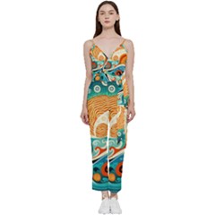 Waves Ocean Sea Abstract Whimsical Abstract Art 4 V-neck Spaghetti Strap Tie Front Jumpsuit by Wegoenart