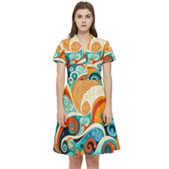 Waves Ocean Sea Abstract Whimsical Abstract Art 4 Short Sleeve Waist Detail Dress by Wegoenart