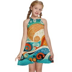 Waves Ocean Sea Abstract Whimsical Abstract Art 4 Kids  Halter Collar Waist Tie Chiffon Dress by Wegoenart