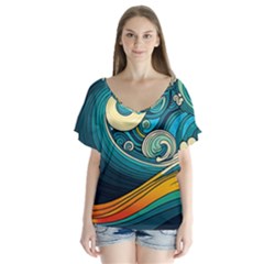 Waves Ocean Sea Abstract Whimsical Abstract Art 3 V-neck Flutter Sleeve Top by Wegoenart