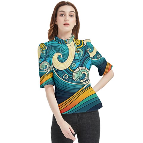 Waves Ocean Sea Abstract Whimsical Abstract Art 3 Frill Neck Blouse by Wegoenart