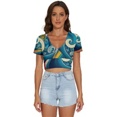 Waves Ocean Sea Abstract Whimsical Abstract Art 3 V-neck Crop Top by Wegoenart