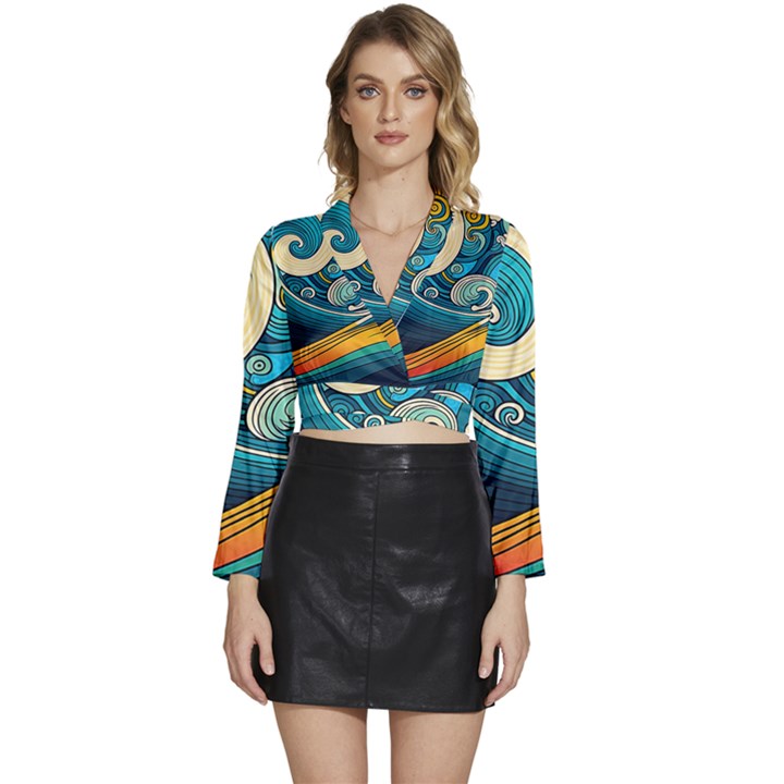 Waves Ocean Sea Abstract Whimsical Abstract Art 3 Long Sleeve Tie Back Satin Wrap Top