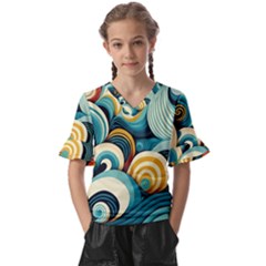 Waves Ocean Sea Abstract Whimsical Abstract Art 6 Kids  V-neck Horn Sleeve Blouse by Wegoenart