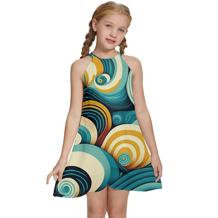 Waves Ocean Sea Abstract Whimsical Abstract Art 6 Kids  Halter Collar Waist Tie Chiffon Dress