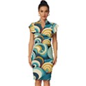 Waves Ocean Sea Abstract Whimsical Abstract Art 6 Vintage Frill Sleeve V-Neck Bodycon Dress View1