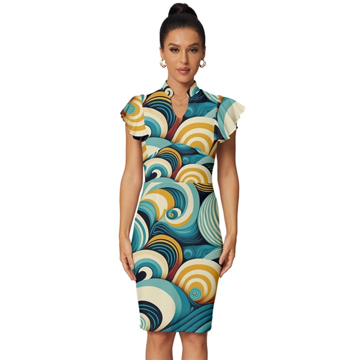 Waves Ocean Sea Abstract Whimsical Abstract Art 6 Vintage Frill Sleeve V-Neck Bodycon Dress