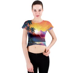 Ai Generated Tropical Island Sunset Landscape Crew Neck Crop Top by Wegoenart