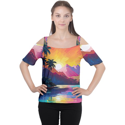 Ai Generated Tropical Island Sunset Landscape Cutout Shoulder Tee by Wegoenart