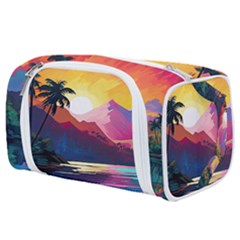 Ai Generated Tropical Island Sunset Landscape Toiletries Pouch by Wegoenart