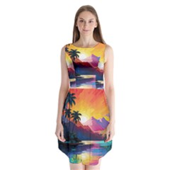 Ai Generated Tropical Island Sunset Landscape Sleeveless Chiffon Dress   by Wegoenart