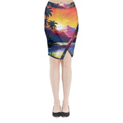 Ai Generated Tropical Island Sunset Landscape Midi Wrap Pencil Skirt