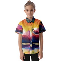 Ai Generated Tropical Island Sunset Landscape Kids  Short Sleeve Shirt