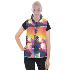 Ai Generated Tropical Island Sunset Landscape Women s Button Up Vest