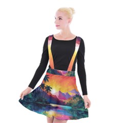 Ai Generated Tropical Island Sunset Landscape Suspender Skater Skirt