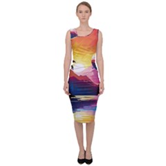 Ai Generated Tropical Island Sunset Landscape Sleeveless Pencil Dress