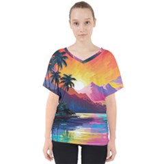 Ai Generated Tropical Island Sunset Landscape V-neck Dolman Drape Top by Wegoenart