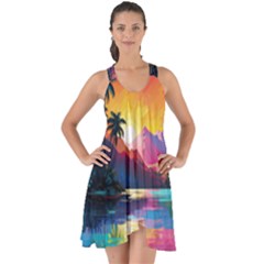 Ai Generated Tropical Island Sunset Landscape Show Some Back Chiffon Dress by Wegoenart