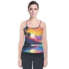 Ai Generated Tropical Island Sunset Landscape Velvet Spaghetti Strap Top