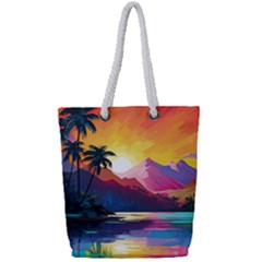 Ai Generated Tropical Island Sunset Landscape Full Print Rope Handle Tote (small) by Wegoenart