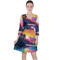 Ai Generated Tropical Island Sunset Landscape Quarter Sleeve Ruffle Waist Dress by Wegoenart