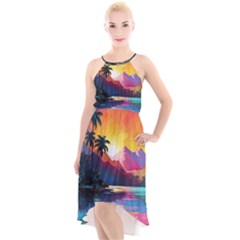 Ai Generated Tropical Island Sunset Landscape High-low Halter Chiffon Dress  by Wegoenart