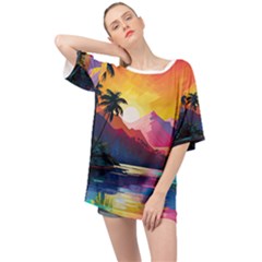 Ai Generated Tropical Island Sunset Landscape Oversized Chiffon Top