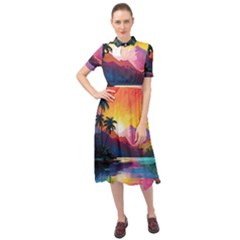 Ai Generated Tropical Island Sunset Landscape Keyhole Neckline Chiffon Dress by Wegoenart