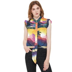 Ai Generated Tropical Island Sunset Landscape Frill Detail Shirt