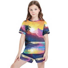 Ai Generated Tropical Island Sunset Landscape Kids  Tee And Sports Shorts Set by Wegoenart