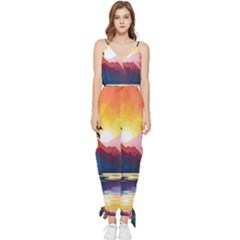 Ai Generated Tropical Island Sunset Landscape Sleeveless Tie Ankle Chiffon Jumpsuit by Wegoenart