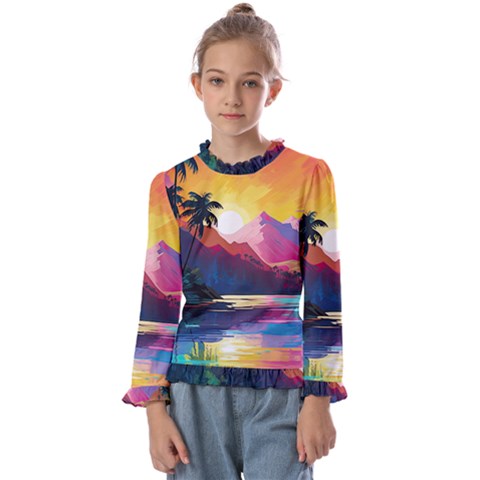 Ai Generated Tropical Island Sunset Landscape Kids  Frill Detail Tee by Wegoenart