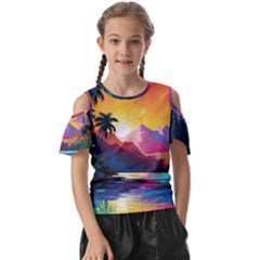 Ai Generated Tropical Island Sunset Landscape Kids  Butterfly Cutout Tee by Wegoenart