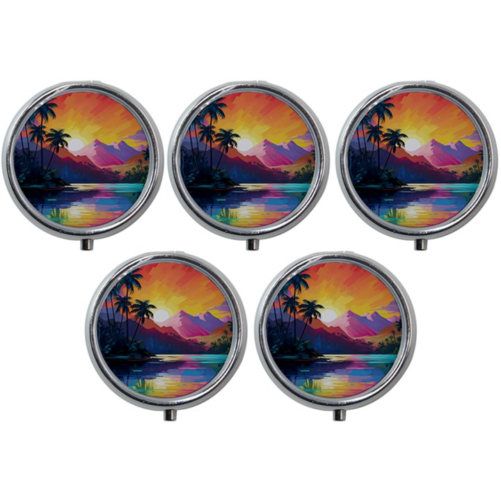 Ai Generated Tropical Island Sunset Landscape Mini Round Pill Box (Pack of 5)